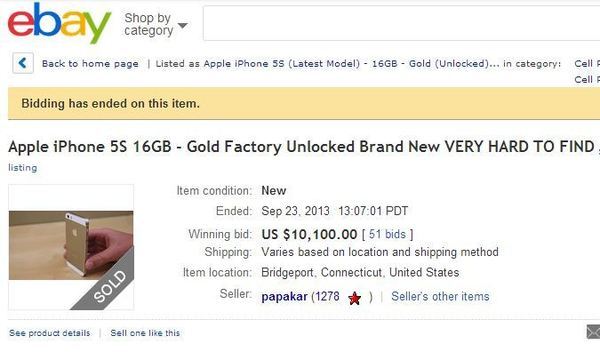 iPhone 5S Gold has sold for $10K on eBay's marketplace