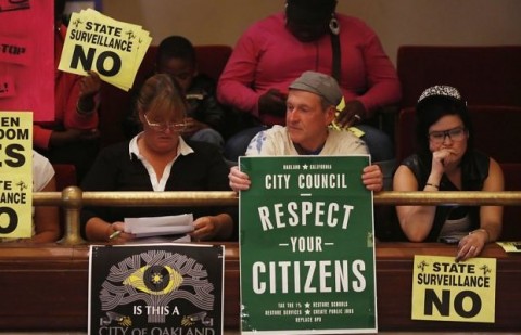 Oakland CA Surveillance Center, New Laws Practice Run for a Police State? 1 Oakland Surveillance center protesters