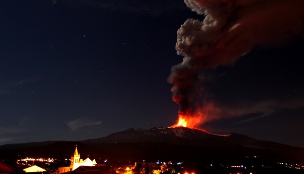 Etna volcano erupts producing beautiful nighttime display