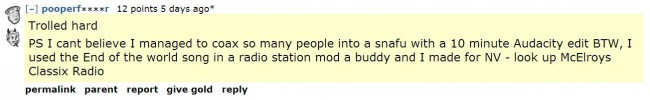 Fallout 4 audio post on Reddit by pooper user (hoax message)