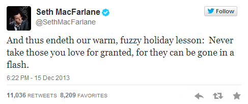 Seth Macfarlane Says gag was a holiday lesson Seth Macfarlane wam fuzzy tweet
