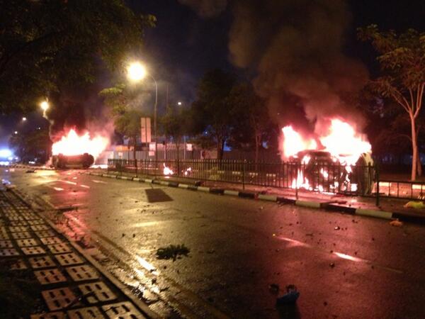 Burning cars in Little India
