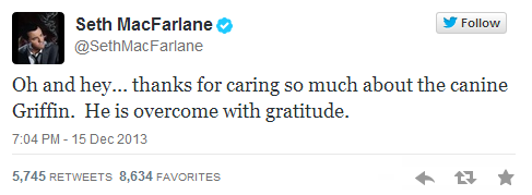 Seth MacFarlane says thanks for the warm wishes and support for Brian the Dog Seth MacFarlane says thanks